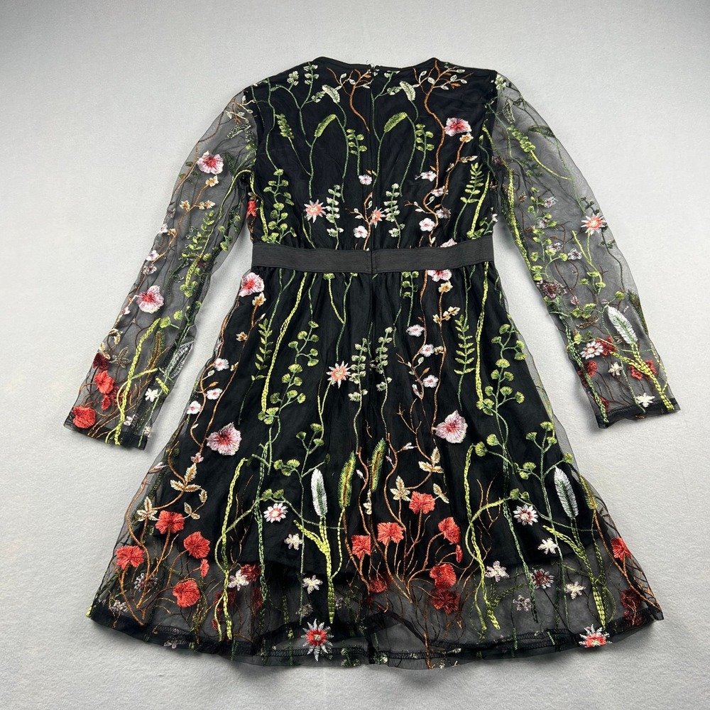 Floral Embroidered Mesh Dress Cotagecore Small Black Sheer‎ Mini Party Wedding